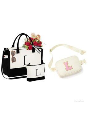 Initial Tote Bag and Belt Bag Set Polyester Cotton Zip Crossbody